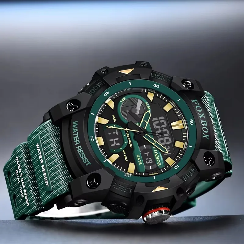 FOXBOX 패션 스포츠 시계 남자 충격 방지 50M 방수 손목 시계 LED 알람 스톱워치 시계 군사 남자 시계 + 상자