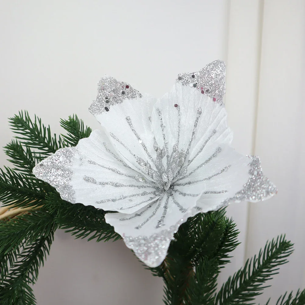 1pc 21cm Christmas Flower Fabric Sequin Simulation Flower DIY Flower Christmas Party Arrangement Happy New Year Decoration