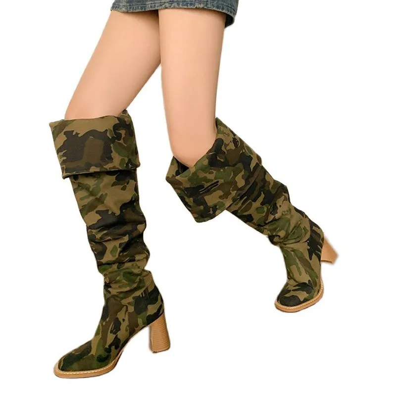 

Fashion Camouflage Denim Fold-Over Knee Boots Round Toe Strange Chunky Heels Slip on Knight Boots Woman