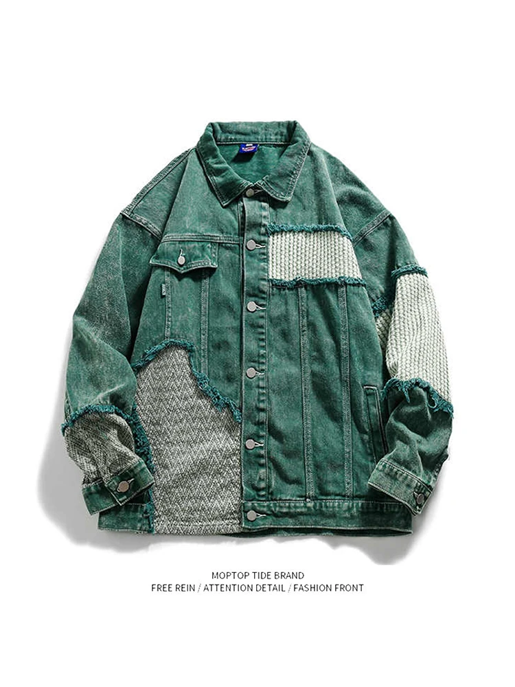 

Mr. WH Autumn Season Unique Patchwork Denim Jaet Men's American Sle Couple Street Faion Jaet Loose Fit Youth Trend