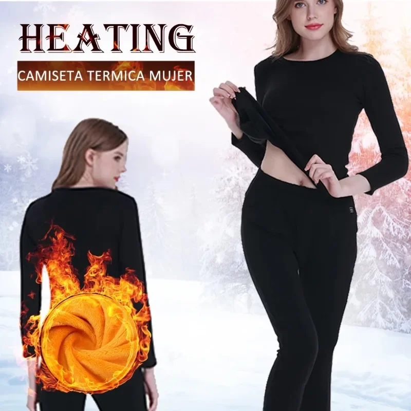 Heated Thermal Underwear Women Men Tops Winter Long Sleeve Bottoming Shirt O Neck Heating Jumper Fiber Pullovers Women Clothing