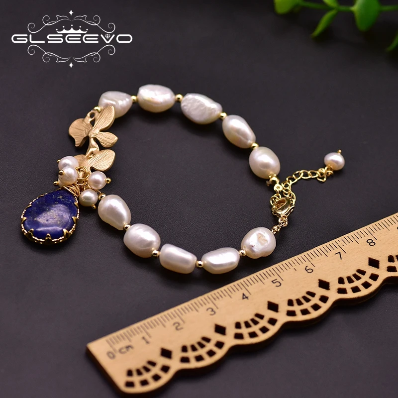 GLSEEVO Original Design White Fresh Water Baroque Pearl Lapis Lazuli Charms Bracelet For Women Anniversary Luxury Jewelry GB0209