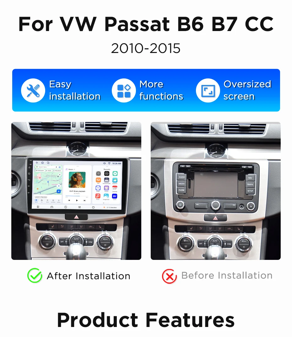 Junsun Wireless CarPlay Android Auto Autoradio für Volkswagen Passat B6 B7 CC 2010-2015 Intelligente Systeme DSP SWC RDS GPS FM – Detail 7