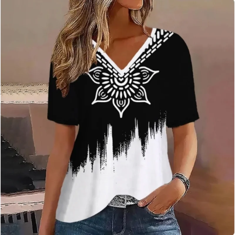 Summer minimalist V-neck short sleeved street style T-shirt for women commuting loose and comfortable casual T-shirt for women