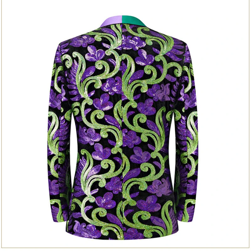 2024 New Flat Velvet Large Flower Sequin Jacquard Mens Blazer, Purple  Stage Performance Suit Dress, Host Fashion Show Jacket