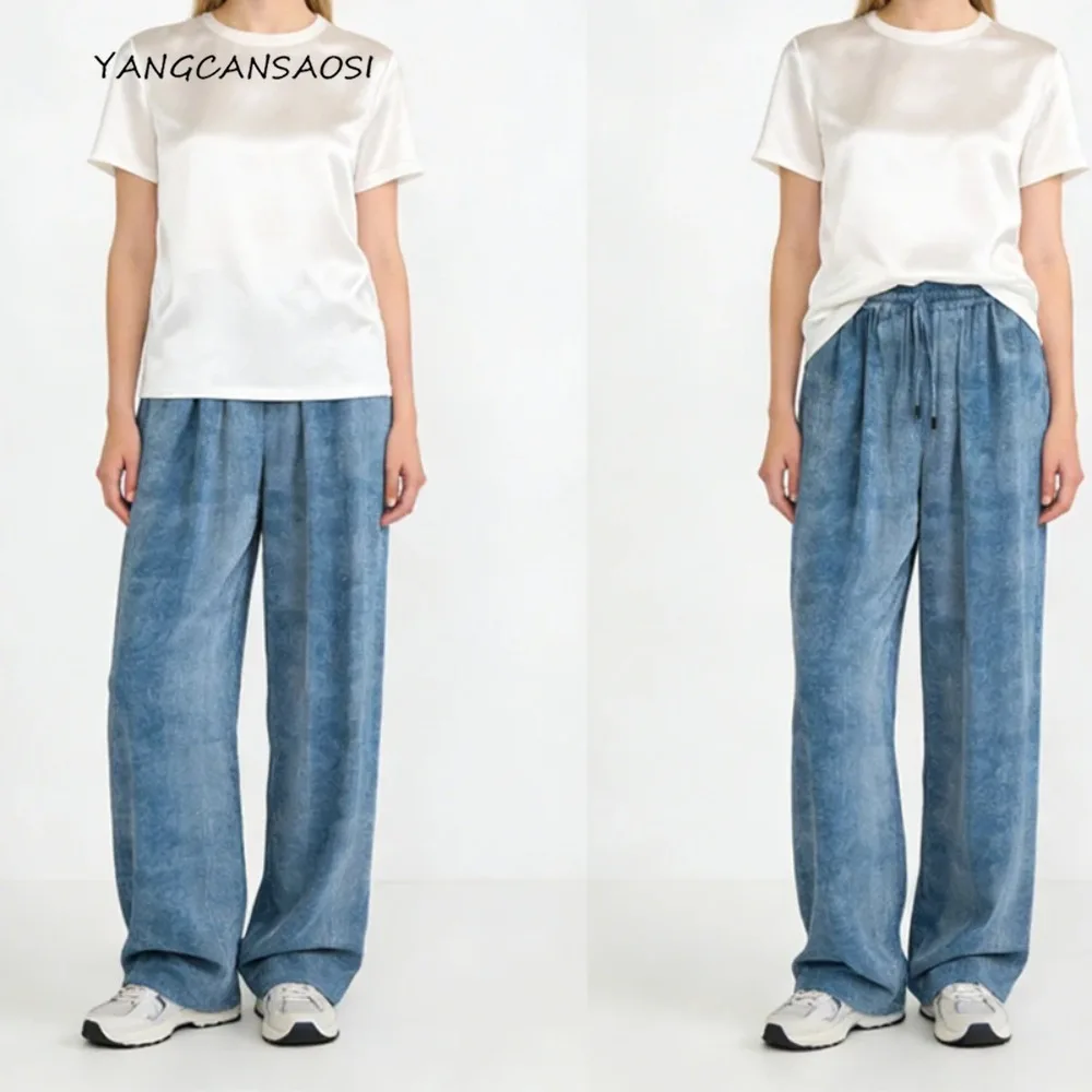 2026 lente nieuwe 95% natuurlijke moerbeizijde elastische dubbele Qiao satijn twee zijzak kant denim print damesbroek met rechte pijpen