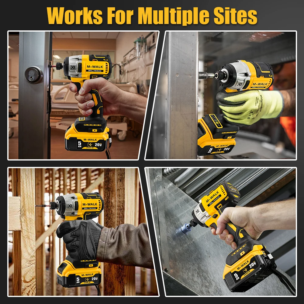 M-WALK Cordless Impact Driver Brushless Screwdriver 205 N.M Electric Drill for Wood & Bolt T-Mode For Dewalt 18/20V Battery Pin