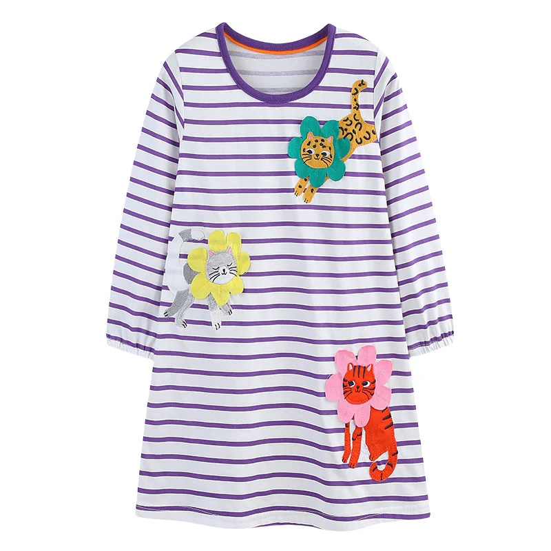 

Jumping Meters 2-7T Long Sleeve Striped Cats Girls Dresses Party Cotton Autumn Spring Fashion Children's Clothes Party Frocks