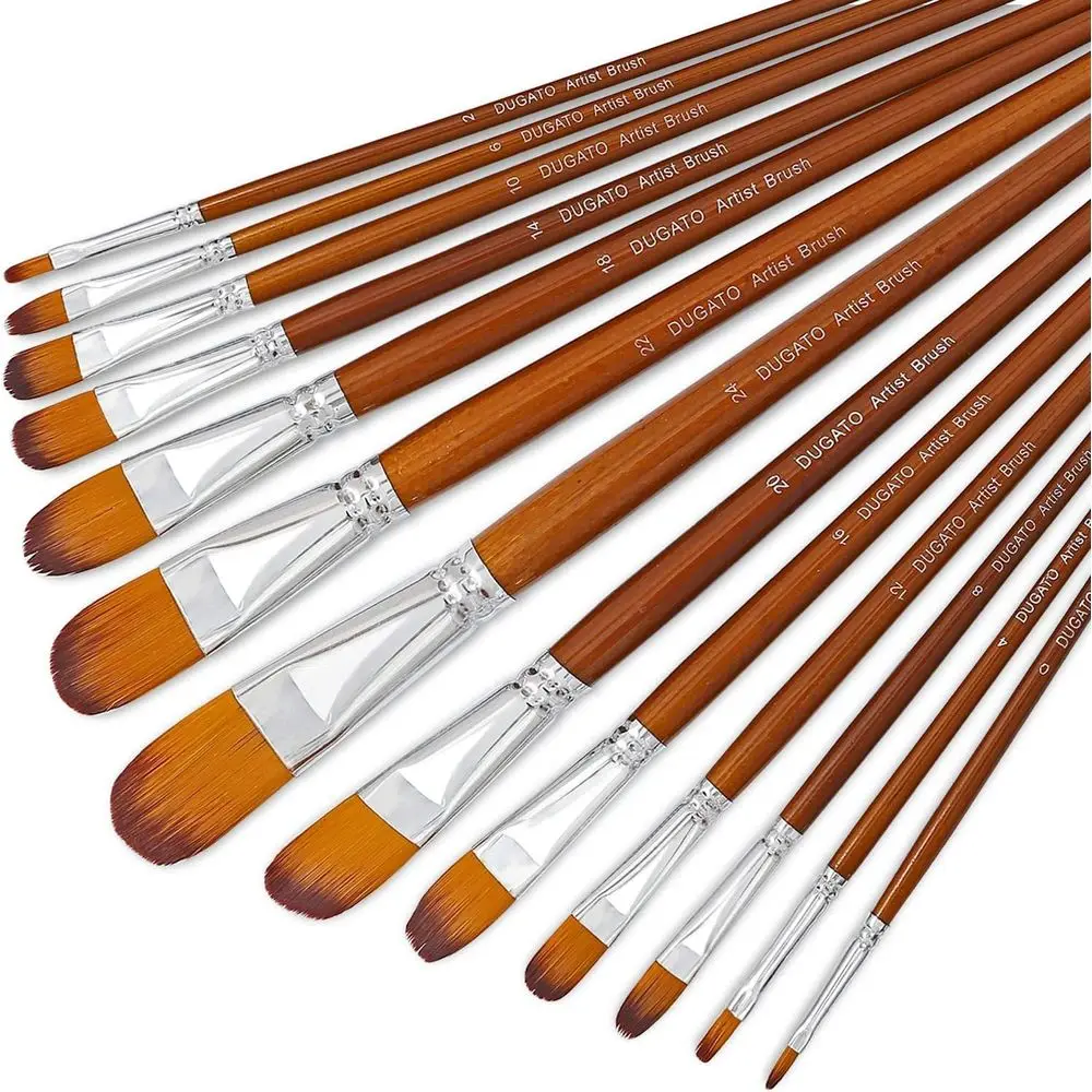 Paint Brushes Set 13pcs, Short Anti-Shedding Nylon Hair Wood Long Handle or Acrylic Oil Watercolor Gouache Paint by Numbers (13p