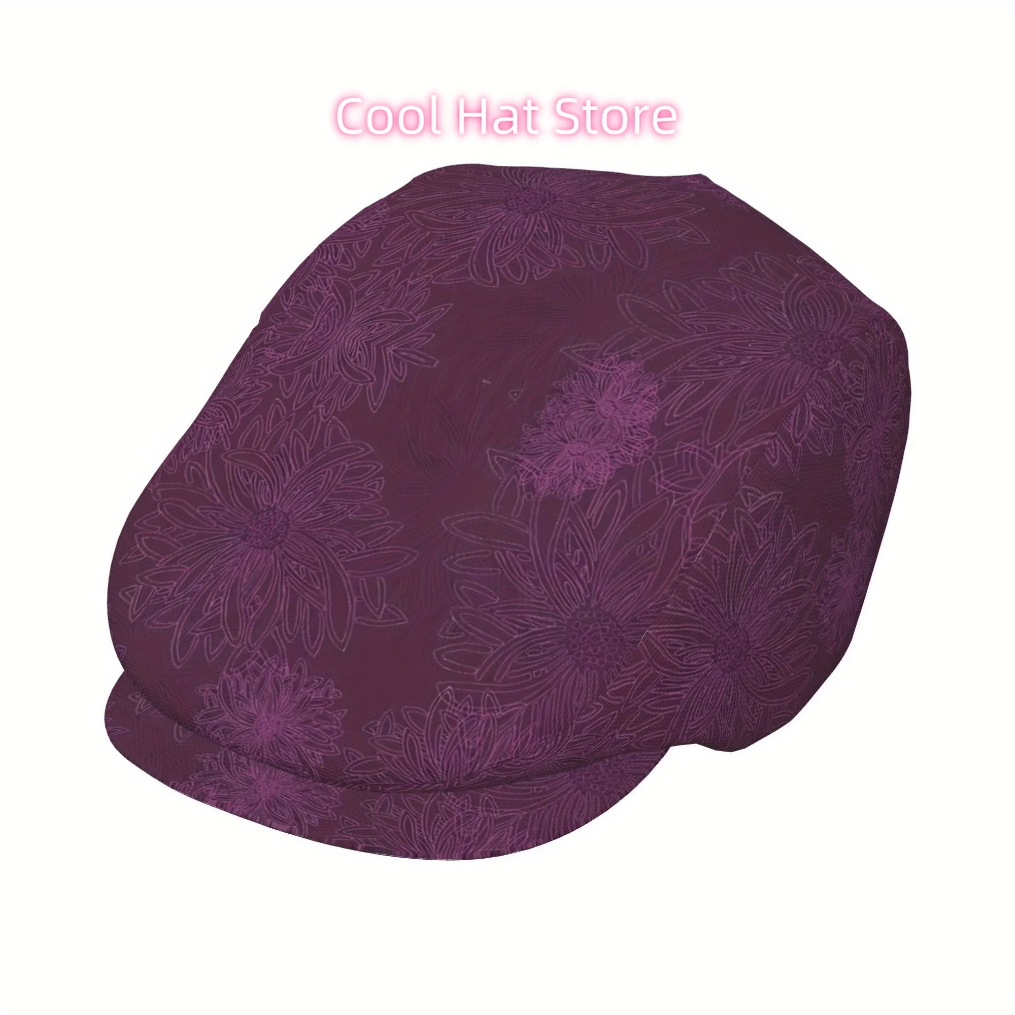 Full-width printing Floating Linear Purple Flowers Men and Women Flat Cap Adjustable Newsboy Cap Beret Ivy Cap Cabbie Flat Hat I