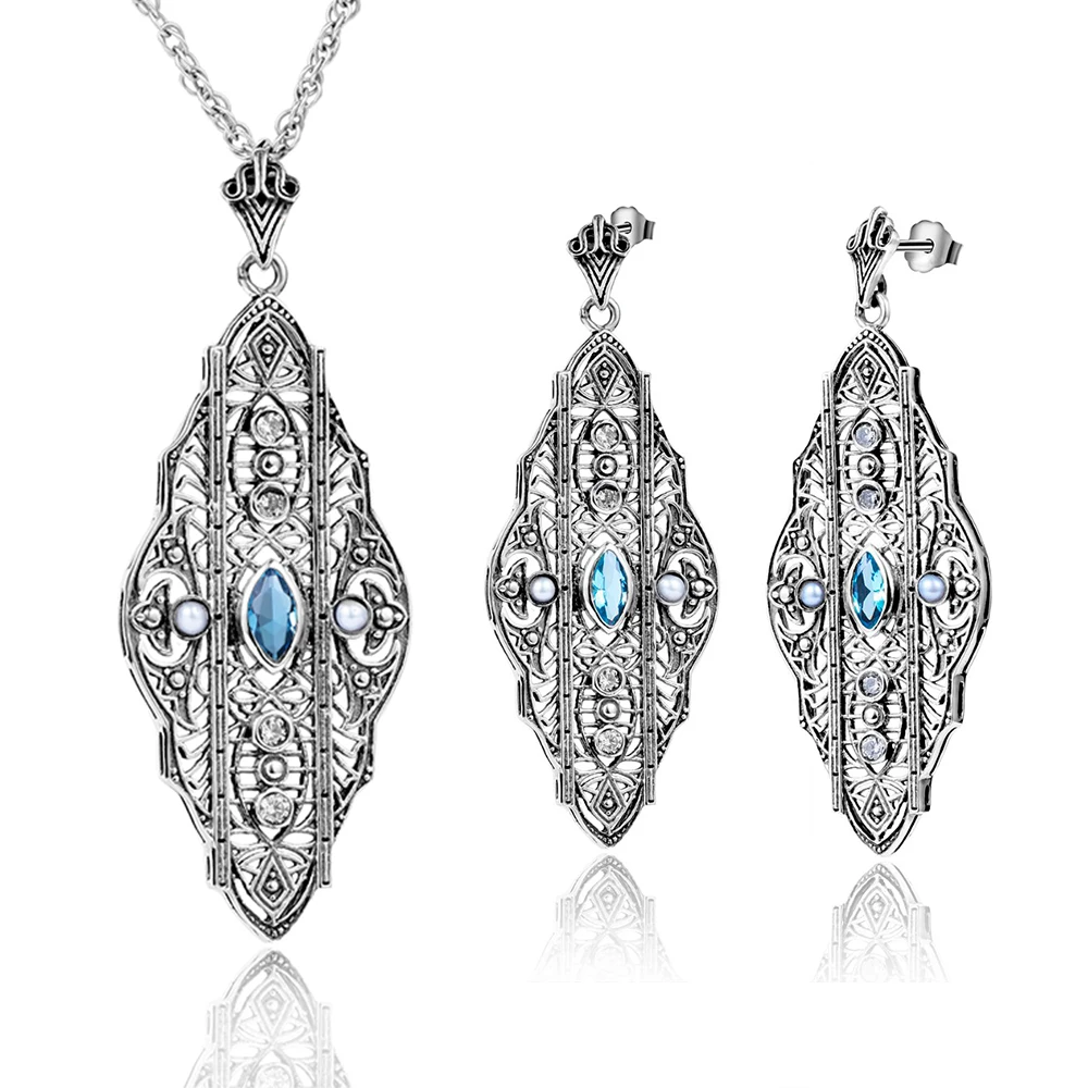 925 Sterling Silver Genuine Set Blue Topaz Pearl Earrings Necklace Sets for Women Vintage Filigree Persian Design Fine Jewelry