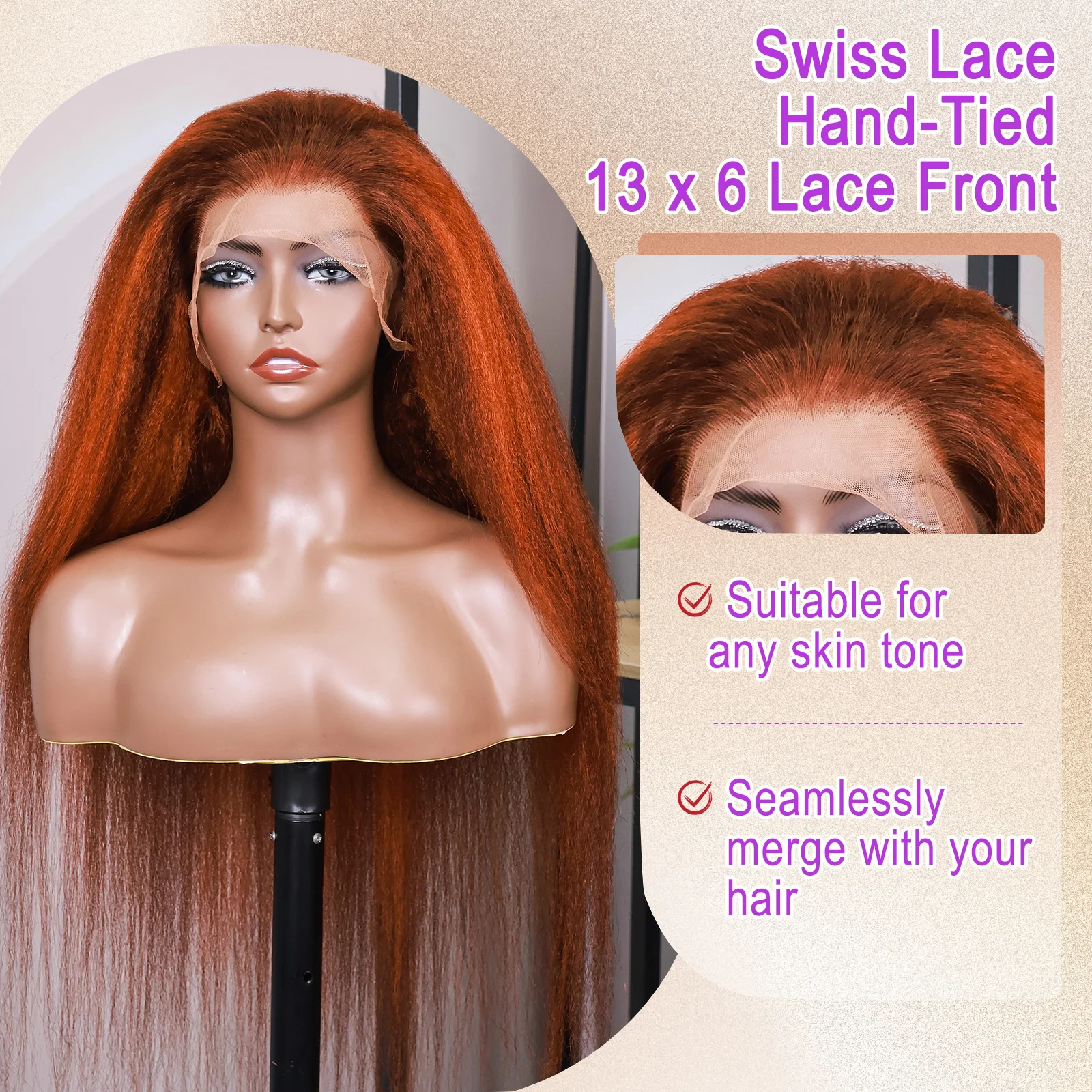 تسليط الضوء على اللون البني والزنجبيل البرتقالي 200% الكثافة غريب مستقيم 13x6 الدانتيل الشفاف خصلات الشعر المستعار الإنسان قبل قطعها عذراء الشعر