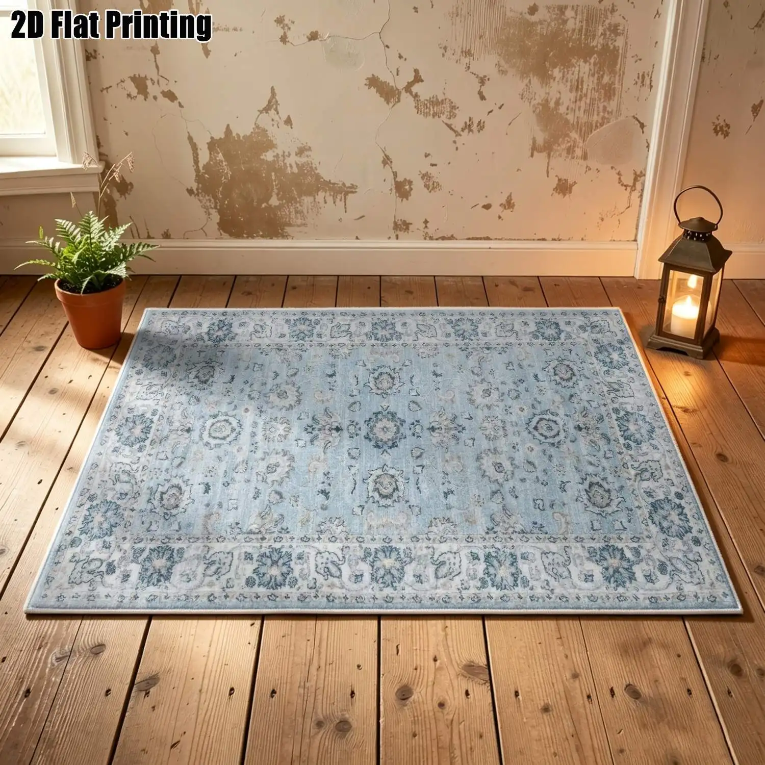 1Pc 2D Printed Velvet Carpet, Light Blue Retro Floral, European/Instagram/Vintage/Bohemian Style, Home Decor, Machine Washable, Multi-Size, Suitable for Entrance, Dining, Foyer, Bedroom, Living Room