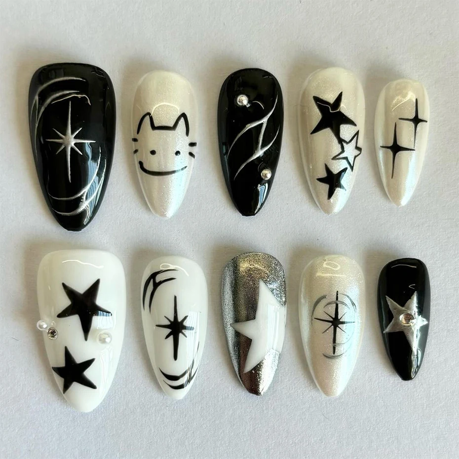 Black Silver Cat Animals Nail Sticker Decals Y2K Charms Cute Dog Cartoon Adhesive Sliders Foils For Manicure Nail Art Decoration