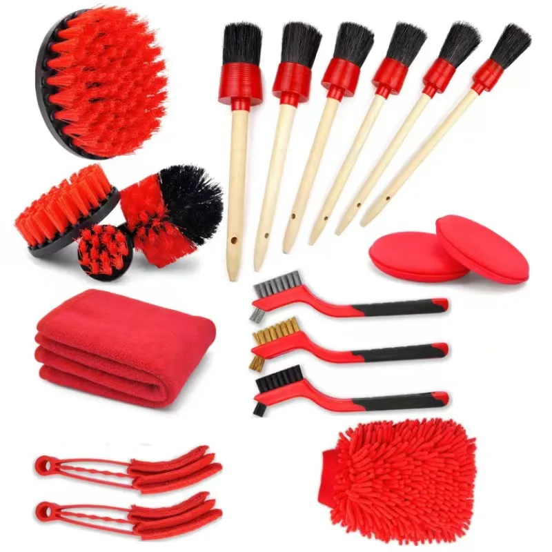 Car Cleaning Brush Kit with Drill Attachments Boar Bristle Detailing Brushes And Wooden Handle round Brushes for Auto Wash Inter