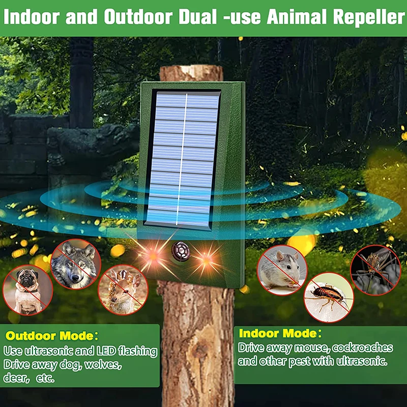 Repelente Solar Ultrassônico para Animais, Uso Interno e Externo, Repelente de Pássaros, Ratos e Cães com Luz LED Piscante para Fazenda, Jardim e Quintal