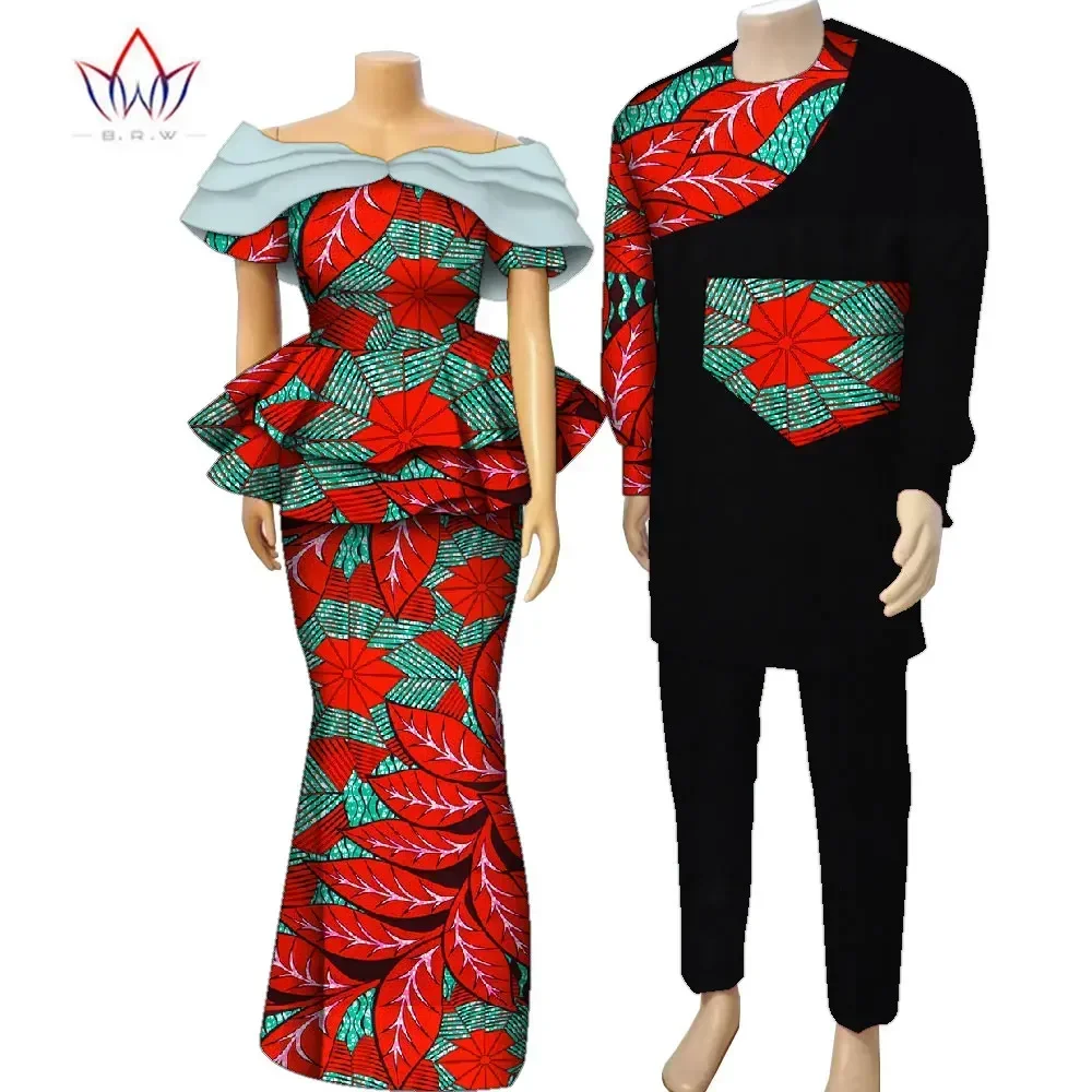 

African Couple Clothes Party Skirt Set for Women Riche Men Print Robe Shirt with Trousers Suits Sets Wedding Clothing Wyq987