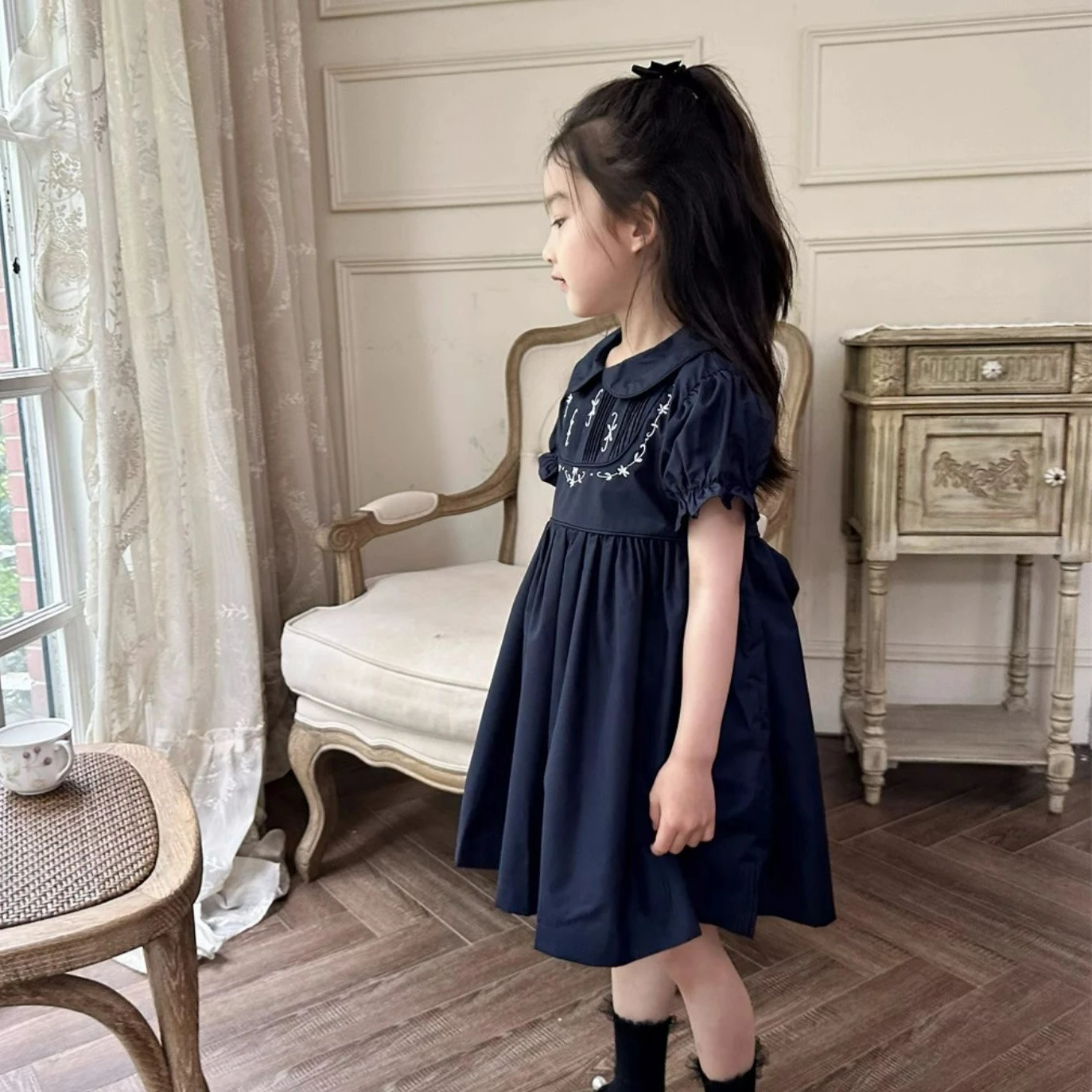 Girl\'s Navy Blue Embroidered Lapel Dress Back Tie 2025 Summer New Item for Baby Girls Retro Style Short Sleeved Princess Dress