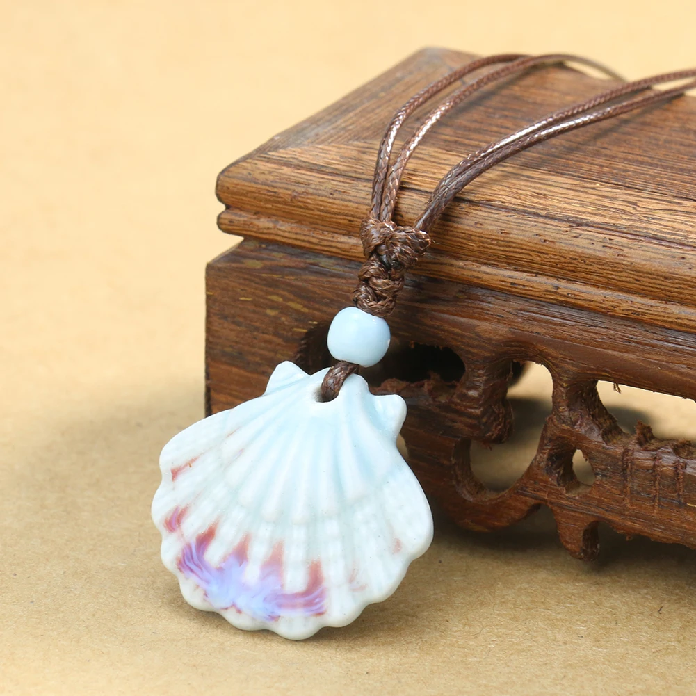 Ceramic Seashell Pendant Necklace Porcelain Scallop Beach Choker Skirt Beads Jewelry Handmade Ocean Mermaid Dress