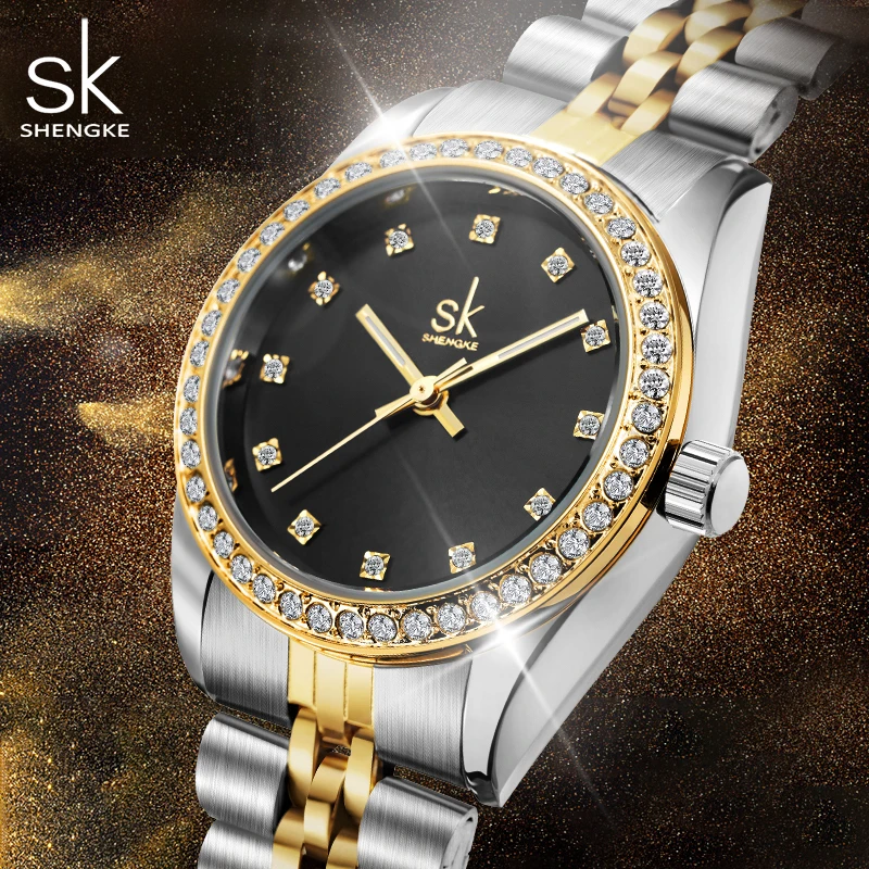 Shengke 2022 Neue frauen Uhr Luxus Edelstahl Armband Band Gold Strass Dekoration Präzise Quarz Relogio Feminino