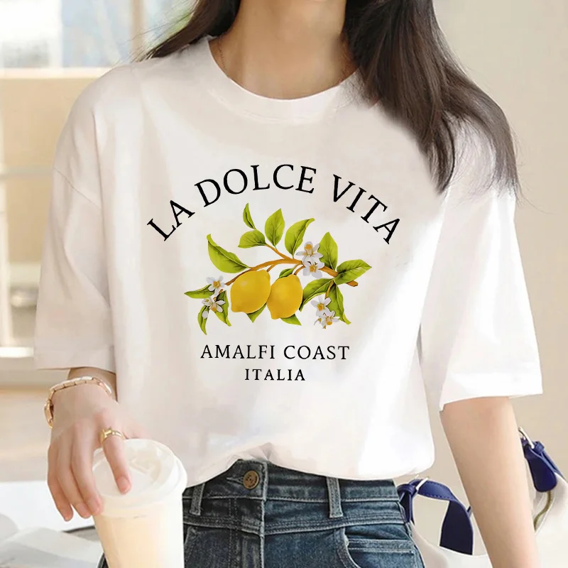 Casual 90er Jahre Amalfi Coast Lemon Print Kurzarm bedrucktes T-Shirt Kleidung Damen T-Shirt Kleidung Damen Top T-Shirt