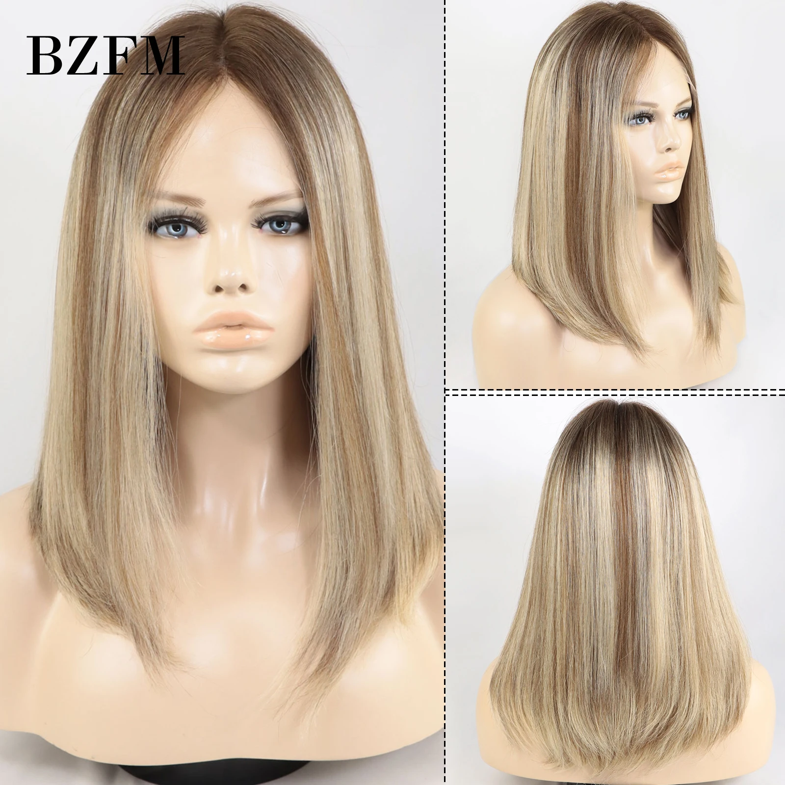 4/27 Ombre Brown Blonde Highlight 4x4 Closure Lace Wig Jewish Human Hair Wigs for Women 12 Inch Straight Bob Lace Frontal Wigs