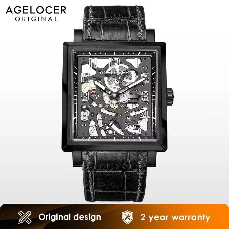 AGELOCER Original Codex Watch Men\'s Square Business Formal Hollow Luminous Manual Mechanical Watch Birthday Gift for Men