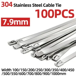 100Pcs Width 7.9mm Stainless Steel Metal Cable Ties 100-1000mm Exhaust Wrap Coated Wires Locking Cable Ties Multi-Purpose