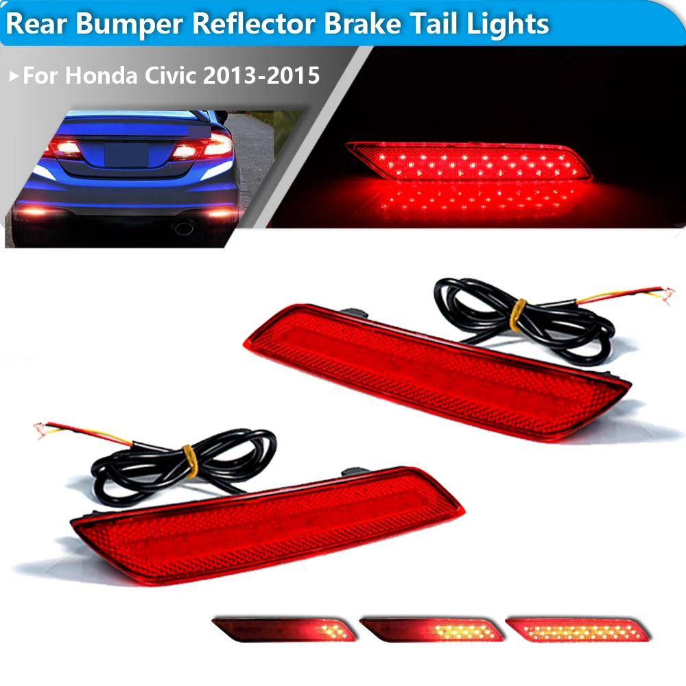 2pcs Red LED Bumper Reflector Lights For 2013-2015 Honda Civic Sedan Function as Tail Brake Rear Fog Lamps Turn Signal Light