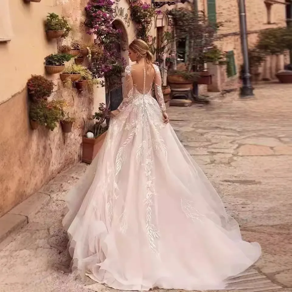 VENSANAC ลึก V คอลูกไม้ Appliques ชุดแต่งงานสายภาพลวงตาแขนยาว Sweep Train ชุดเจ้าสาว