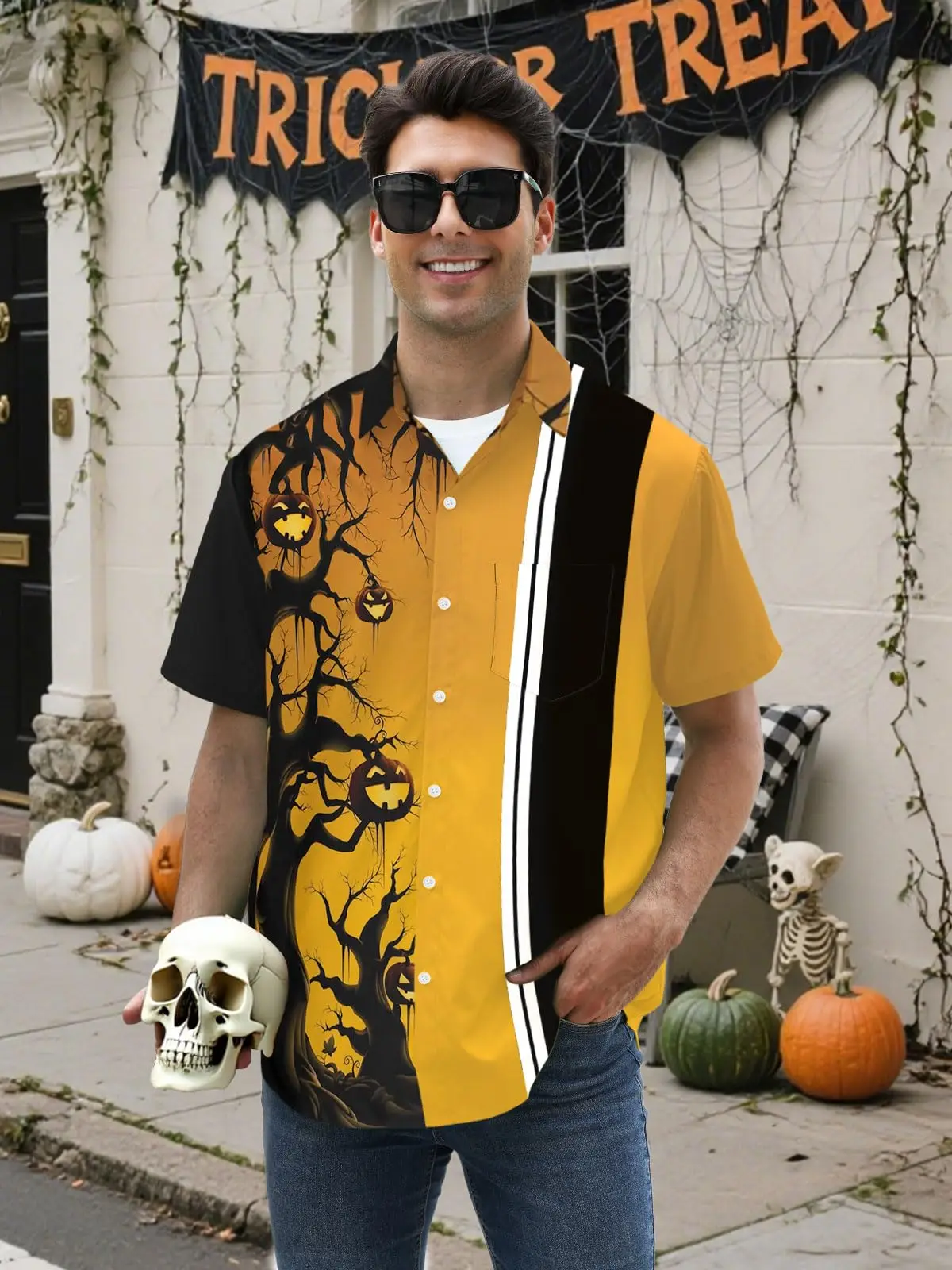 Men's Halloween Button up Shirt Evil Pumpkin Skull 3D Printing Novel Funny Holiday Party Men's Casual Street Short Sleeve Shirt