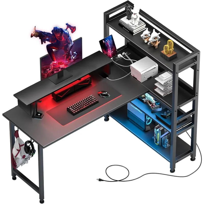 

Gaming L Shaped Computer Desk, 55" Home Office Desk with Shelves, L Shape Computer Corner Desk with Charging Port,