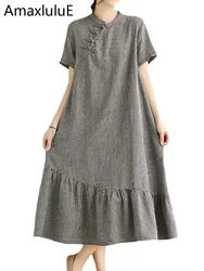 Amax luluE Chinese Design Fashion Womens Loose Plaid Linen Dresses Long Clothes Ladies Luxury Leisure Elegant Classic Vestidos