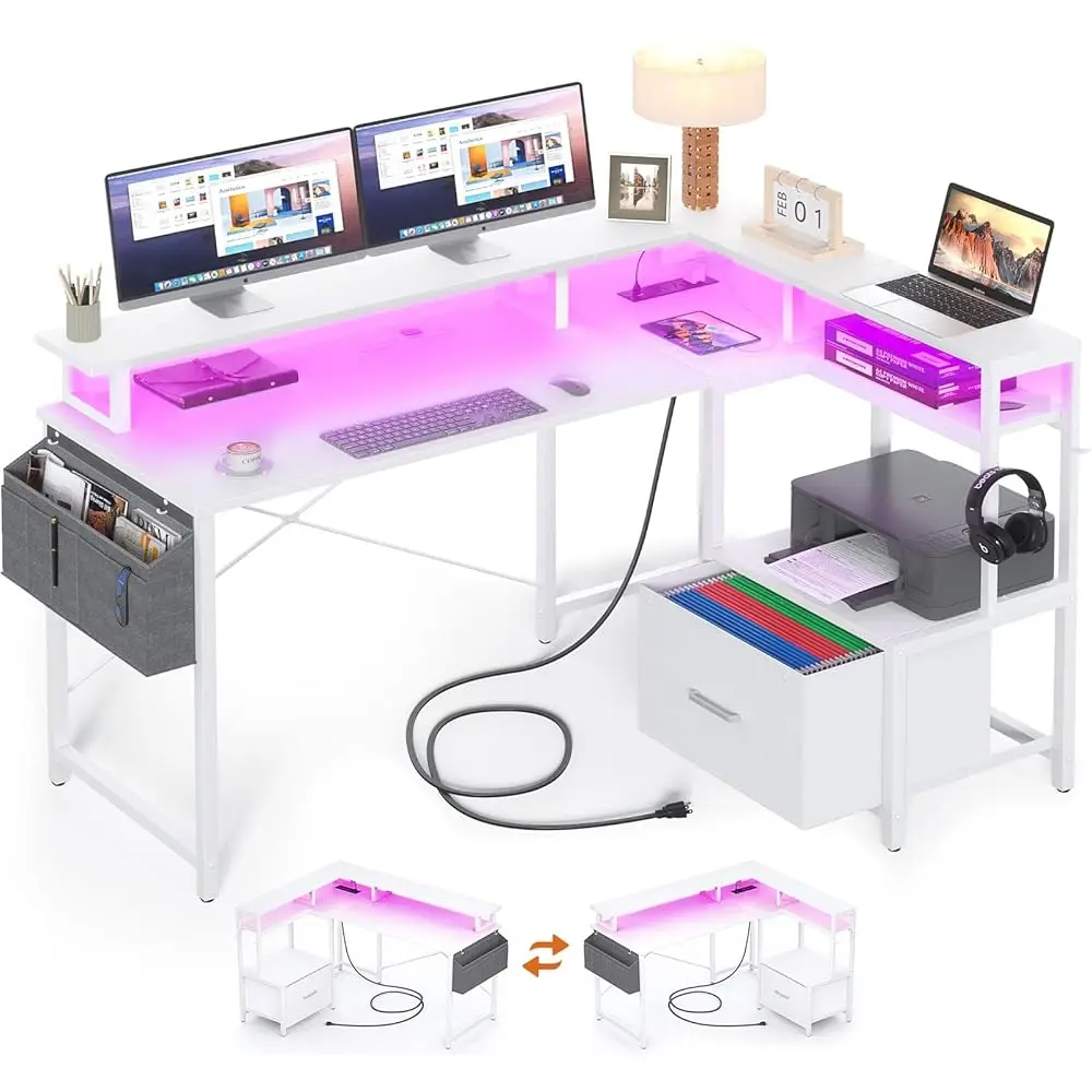 

Computer Desk With File Drawer Cabinet, L Shaped Office Desk With Printer Stand & Full Monitor Stand, 48 H Gaming Desk With