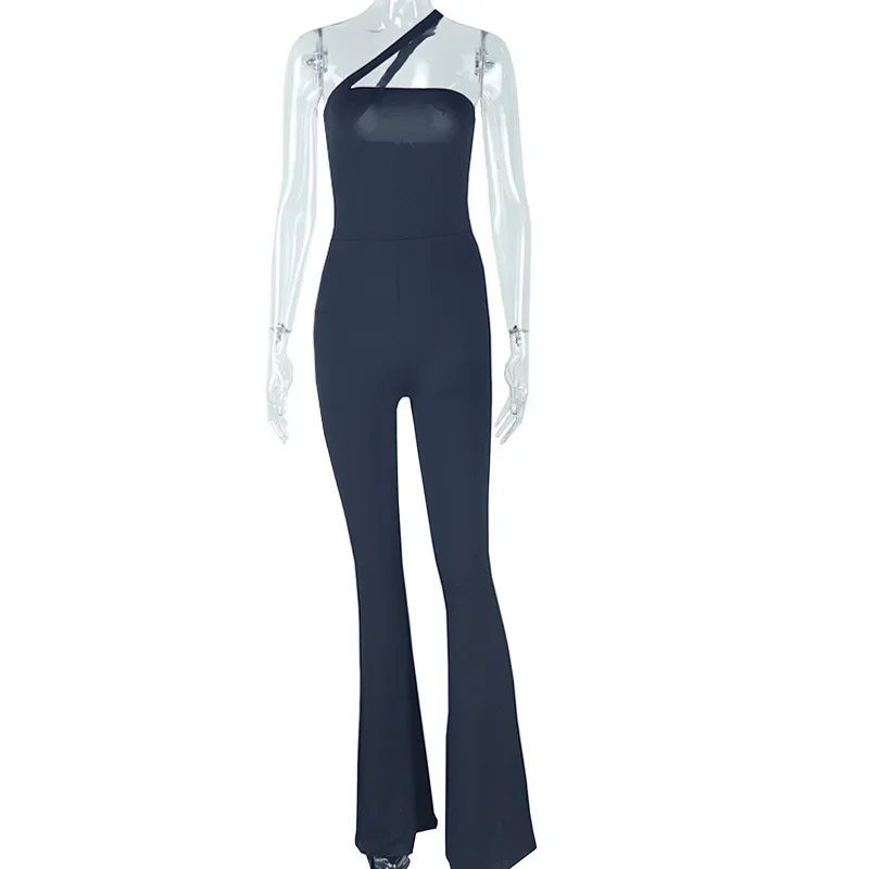 Vrouwen sexy zwarte skinny flare jumpsuits een schouder strapless backless club party boot cut eendelige overalls causale rompertjes