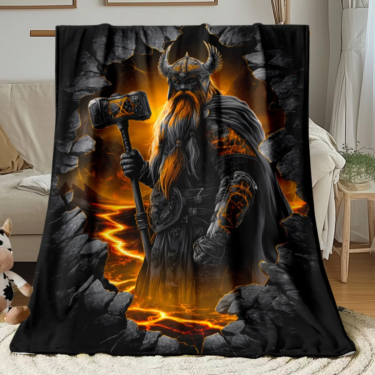 Viking Burning Cave Print Throw Blanket, Soft Cozy Blanket for Sofa Bed, Versatile Home Decor