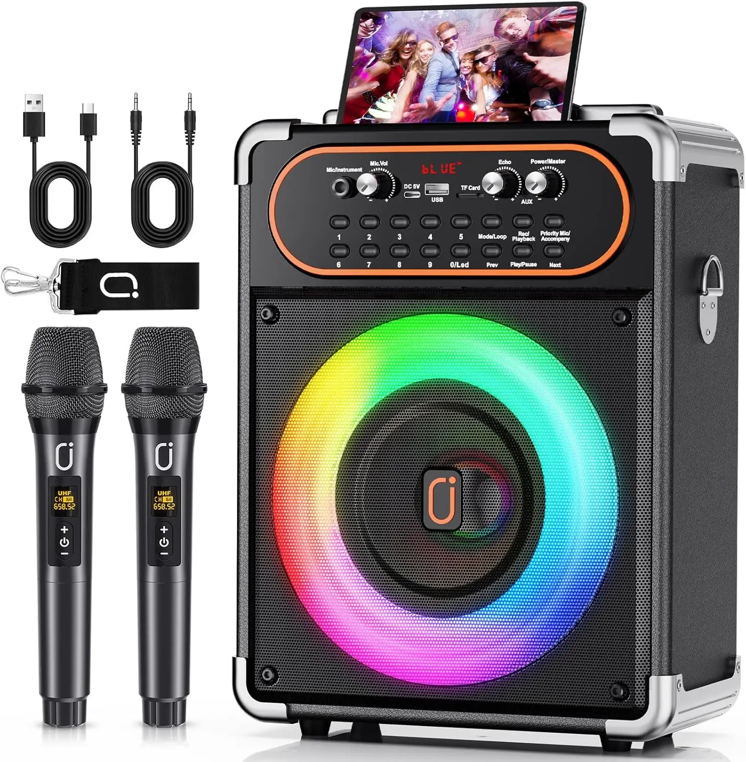 

Portable Karaoke Machine with Bluetooth Speaker, Wireless Microphones, Echo & Disco Lights for Home Parties