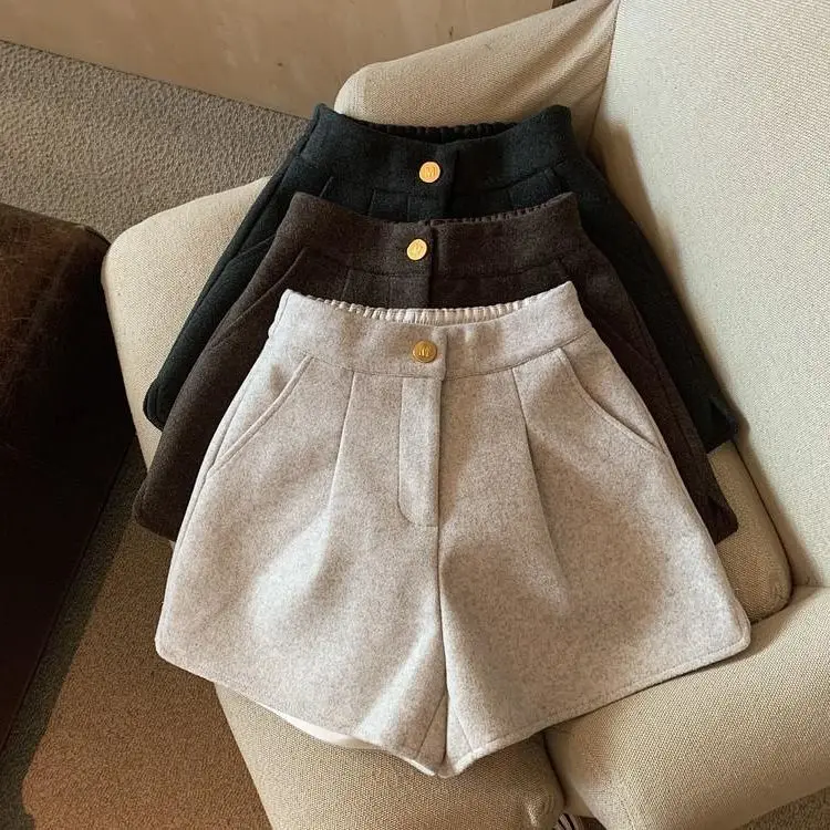 1pcs Spring New Thick Wool Split Wide Leg Shorts Women High Waist Loose Straight Casual Outer Wear Boots Pants