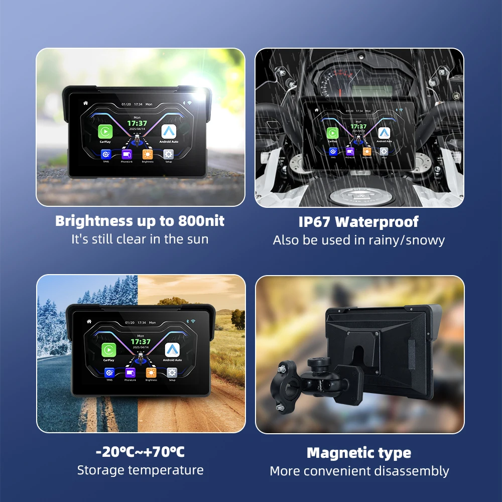Waterproof Motorcycle Apple Carplay Android Auto 7Inch Linux screen  WiFi GPS Navigation support 2ch-1080P DVR/TPMS/18-Languages