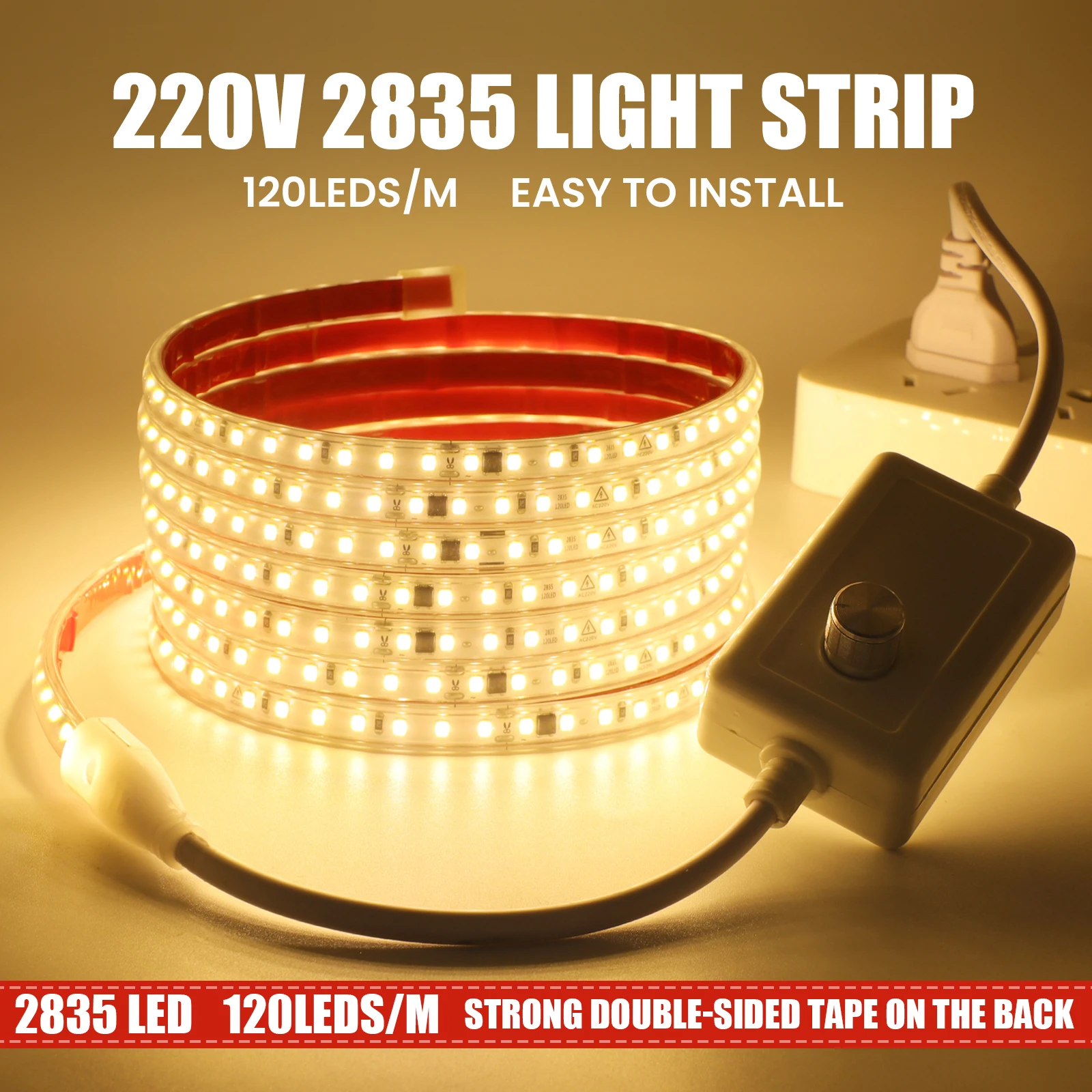 Dimmable LED Strip Light 230V 2835 120LEDs/M Tape Adhesive Diode Rope Lamp 10CM Cuttable Waterproof Cold Natural Warm White