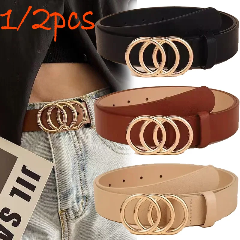 1/2pcs Women's Trendy PU Leather Belt with Triple Round Buckle Youth Style Waistband Perfect for Jeans Dresses and Daily Outfits