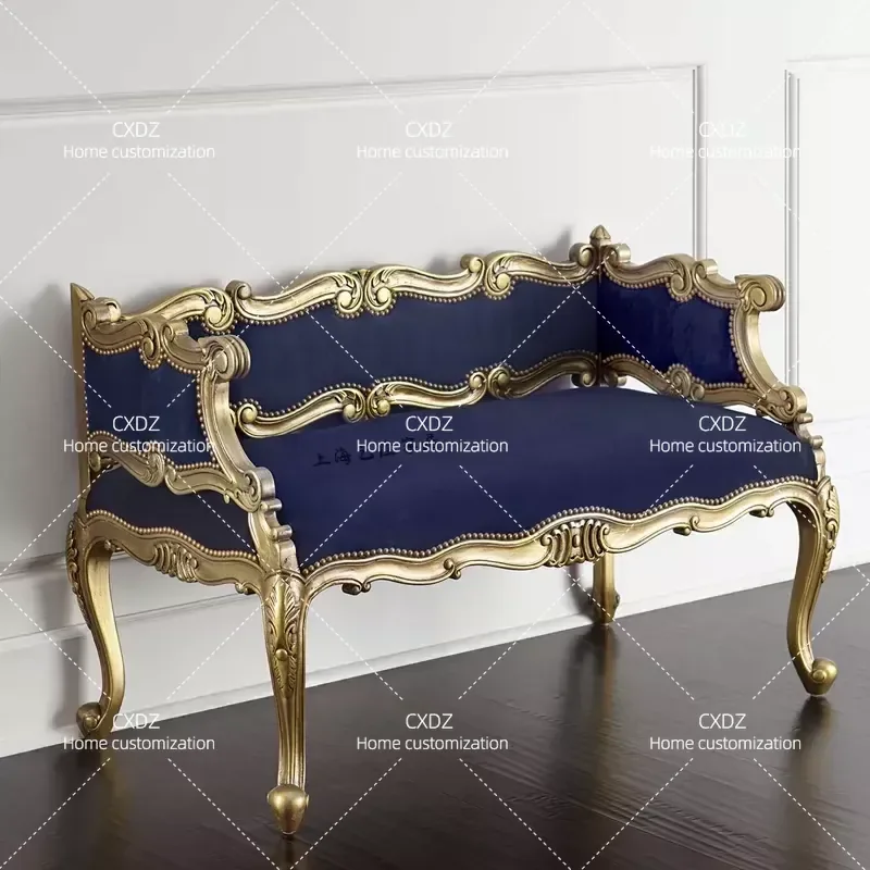 Retro Carved Solid Wood Sofa Chair Fabric Leather Casual Double Seat Shoe Change Stool Bedside Bench