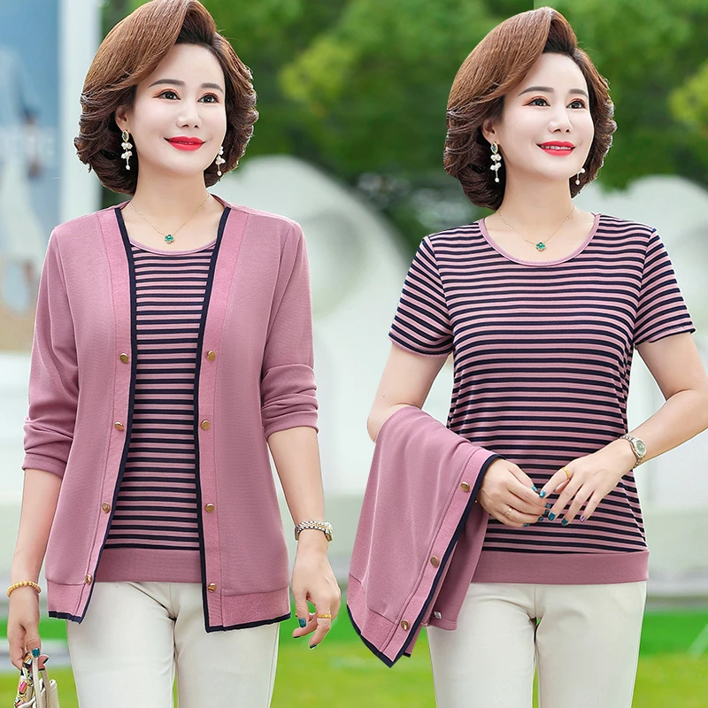 2pcs/set, Middle Age Women Long Sleeve Knitted Cardigan Top striped T-shirt Spring Fall Mother Clothing Camisetas Mujer