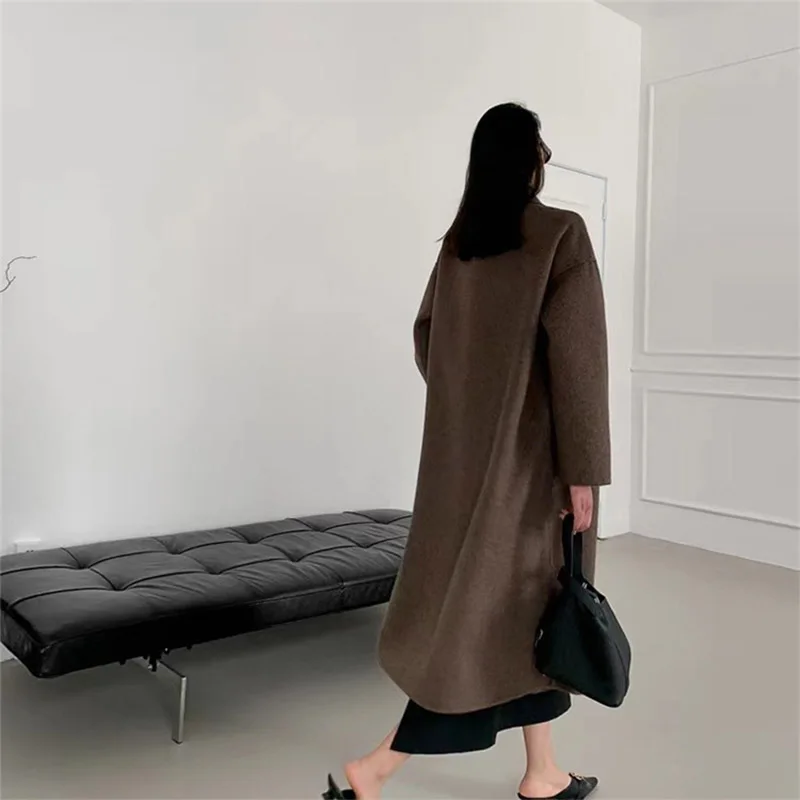 New Natural Alpaca Double-sided Woolen Coat Women Long Loose Lapel Warm High-end Wool Jacket Simple Fashion Pocket Fit Winter