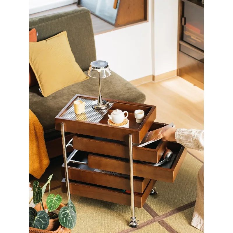 

A few trolleys on the side of the medieval solid wood sofa, movable multi-layer drawers, storage racks, bedside buckets, cabinet