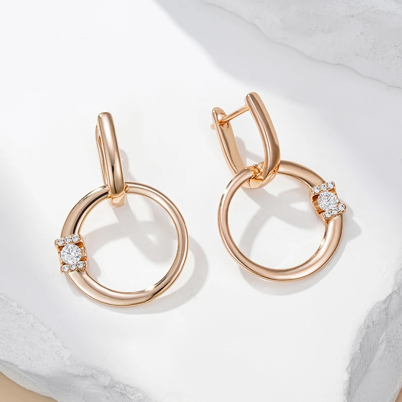 Kinel Fashion 585 Rose Gold Color Glossy Hollow Round Drop Earring for Women Unusual Shiny Natural Zircon Daily Fine Jewelry