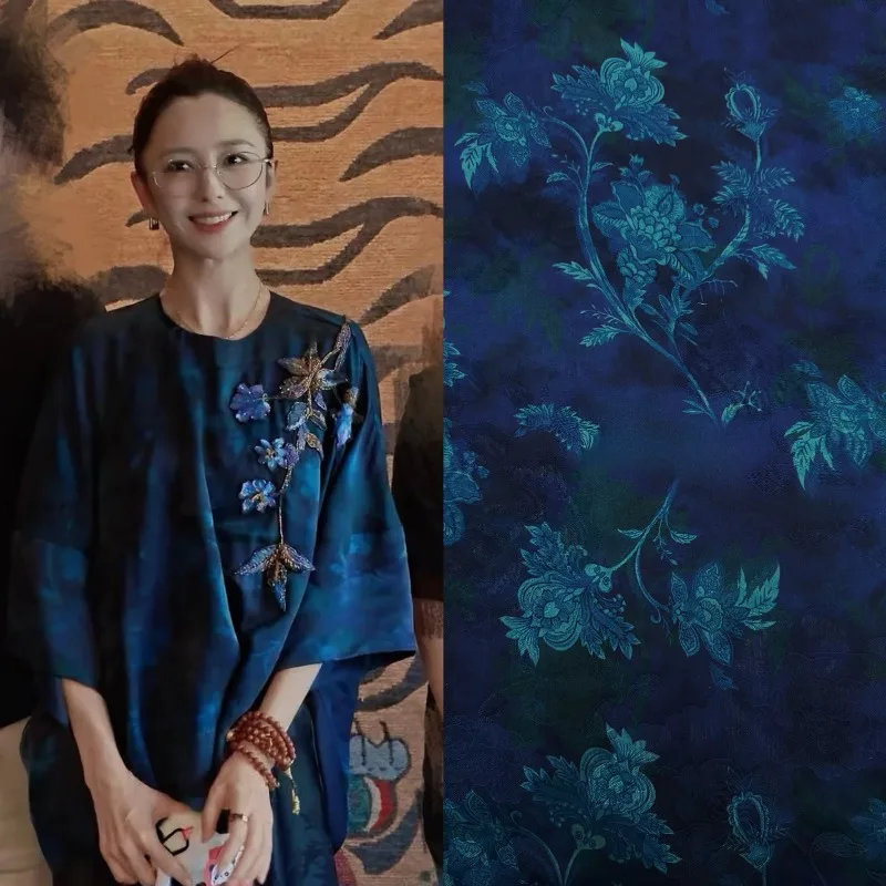 Silk Fabric Navy Blue Cloud Pattern Modern Chinese Style Drapey Soft Hanfu Coat Qipao Tea Dress DIY Sewing Accessories