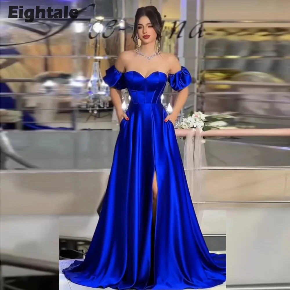 

Eightale Royal Blue Evening Dresses Sweetheart Off the Shoulder A-Line Satin Prom Wedding Party Gown Vestido De Fiesta