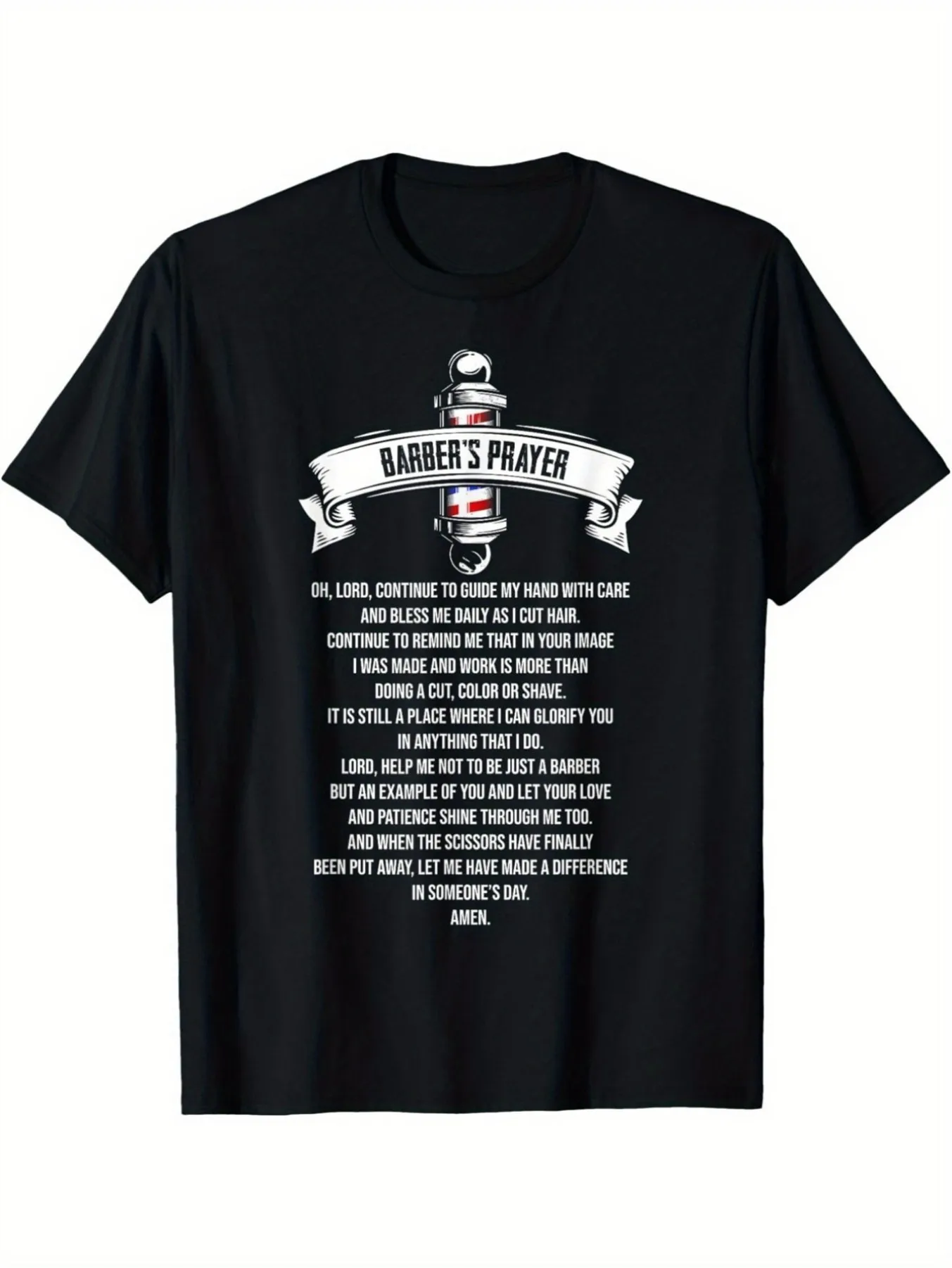 Men's 180g 100g cotton barber prayer pattern T-shirt-religious hair design with hair post and scissors print short-sleeved round neck casual T-shirt machine-washable