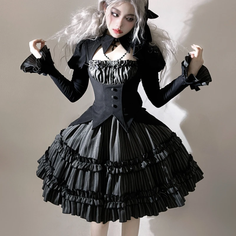 Vintage Gothic Lolita Dress Sets Women Halloween Duke Cosplay Costumes Harajuku Y2k Party Mini Dresses Punk Dark Stripe Dresses